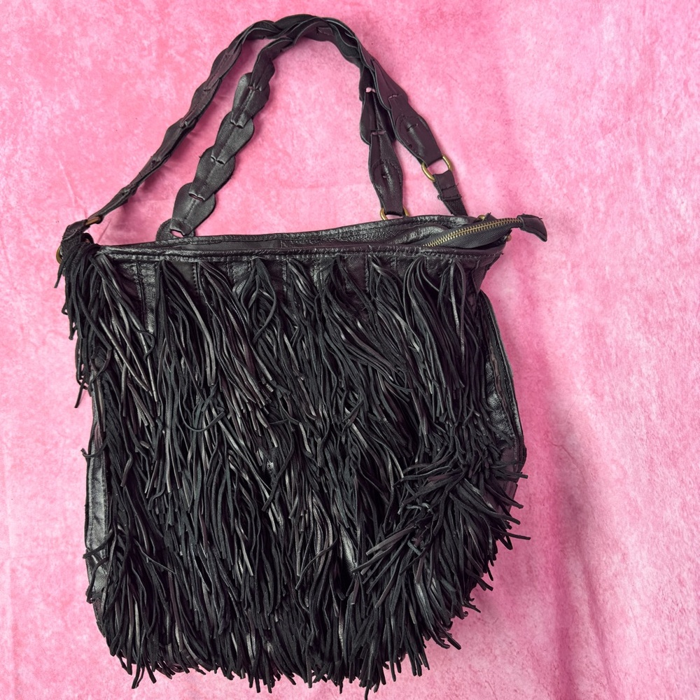 261. Black Boho Leather Fringe Tote Bag Large Slouchy Shoulder Bag - Picture 2 of 8